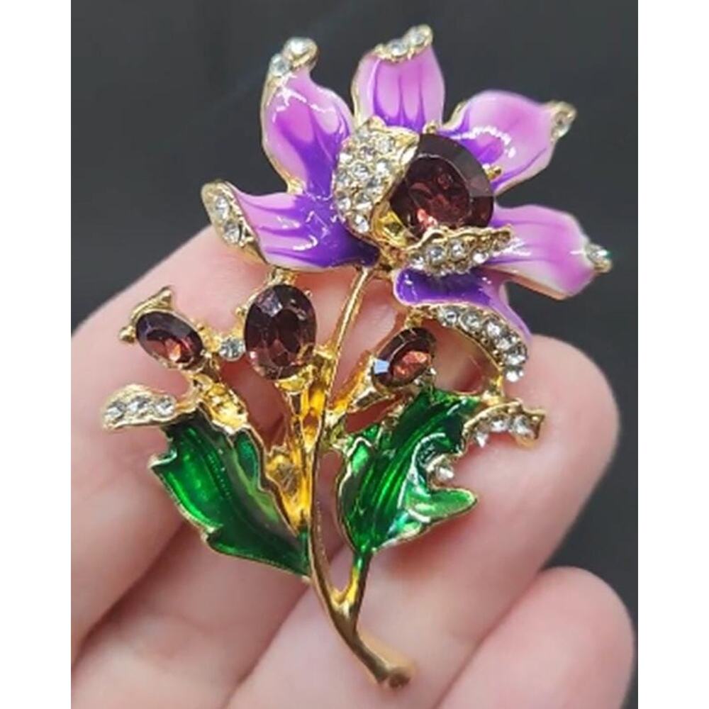 Purple Flower Brooch Faux Jewel & Rhinestone Simple Classic